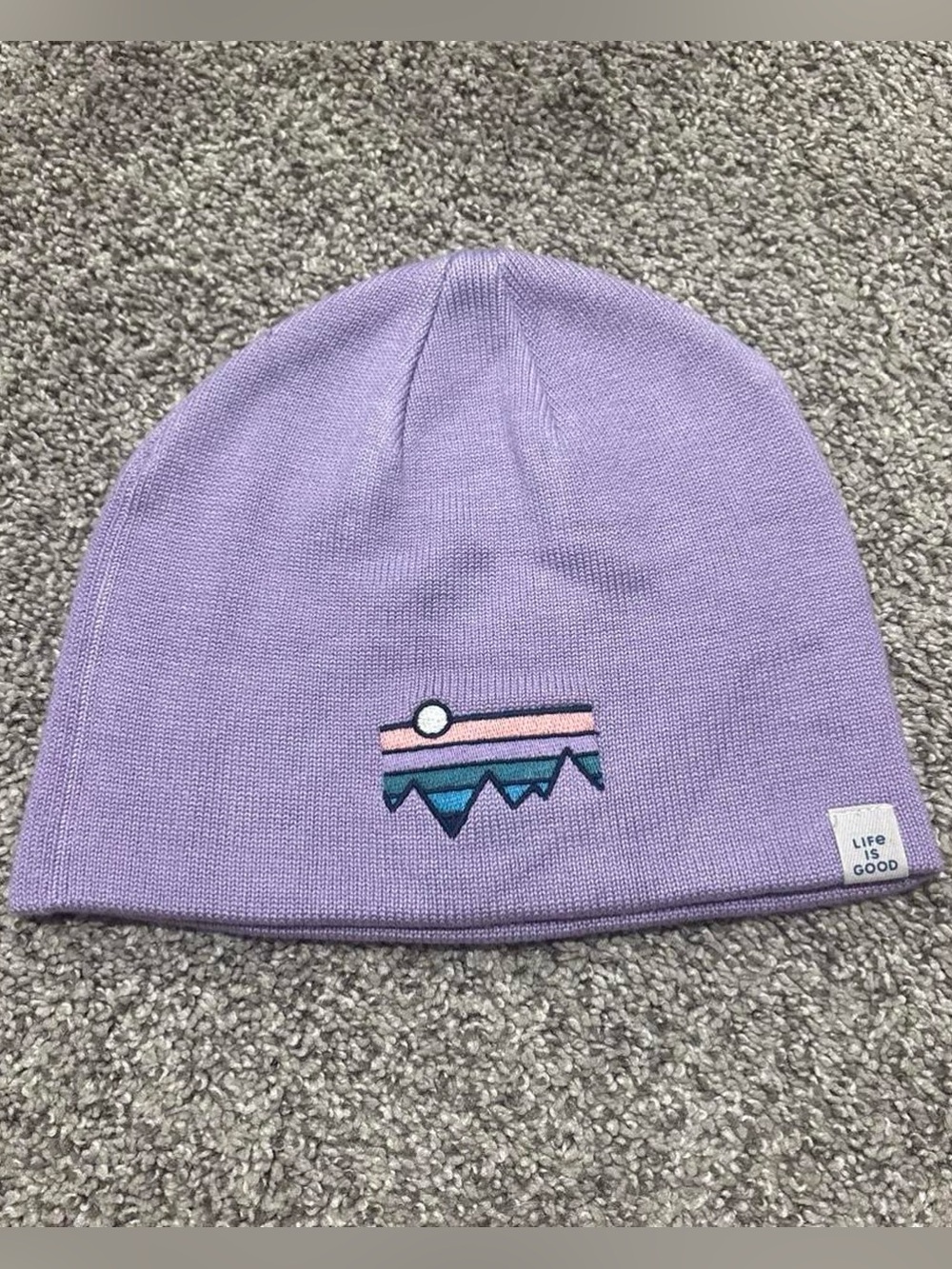 Life Is Good Kids Lavender Beanie with Pink and Teal Mountain Stripe